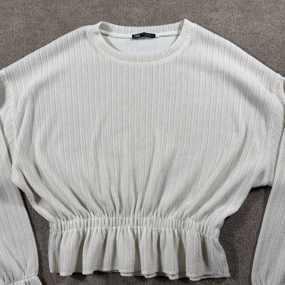 Zara Ribbed Knit Cropped Sweater White Cotton Crew Neck Lightweight Size M - Picture 1 of 6